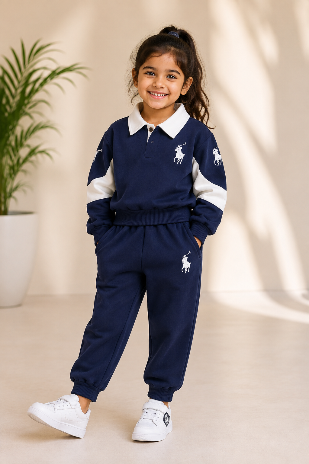Girls Navy Blue Polo Style Sweatshirt & Jogger Set