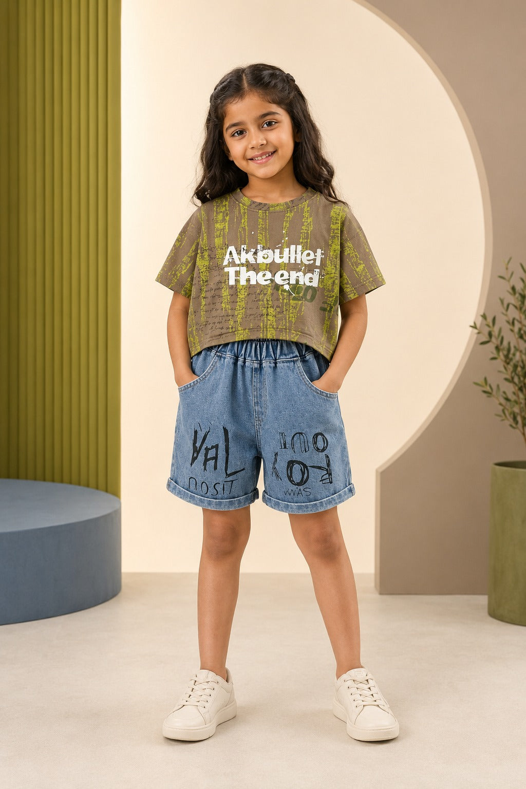 Girls Olive Graphic T-Shirt & Denim Shorts Casual Set
