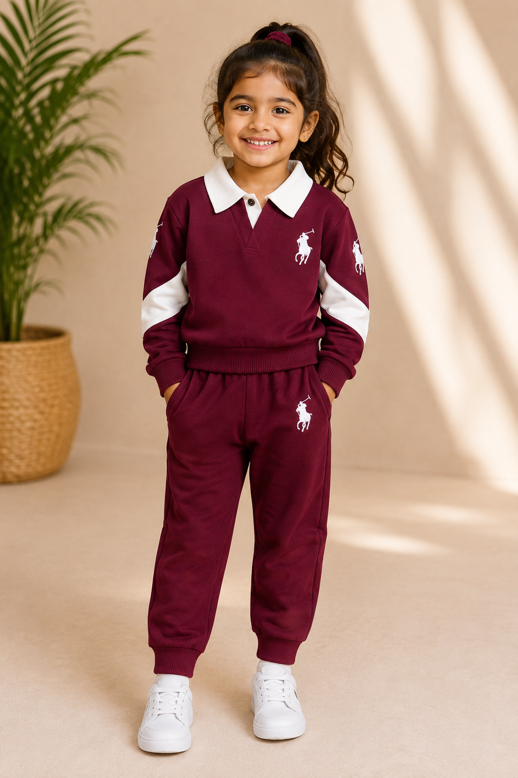 Girls Burgundy Polo Style Sweatshirt & Jogger Set