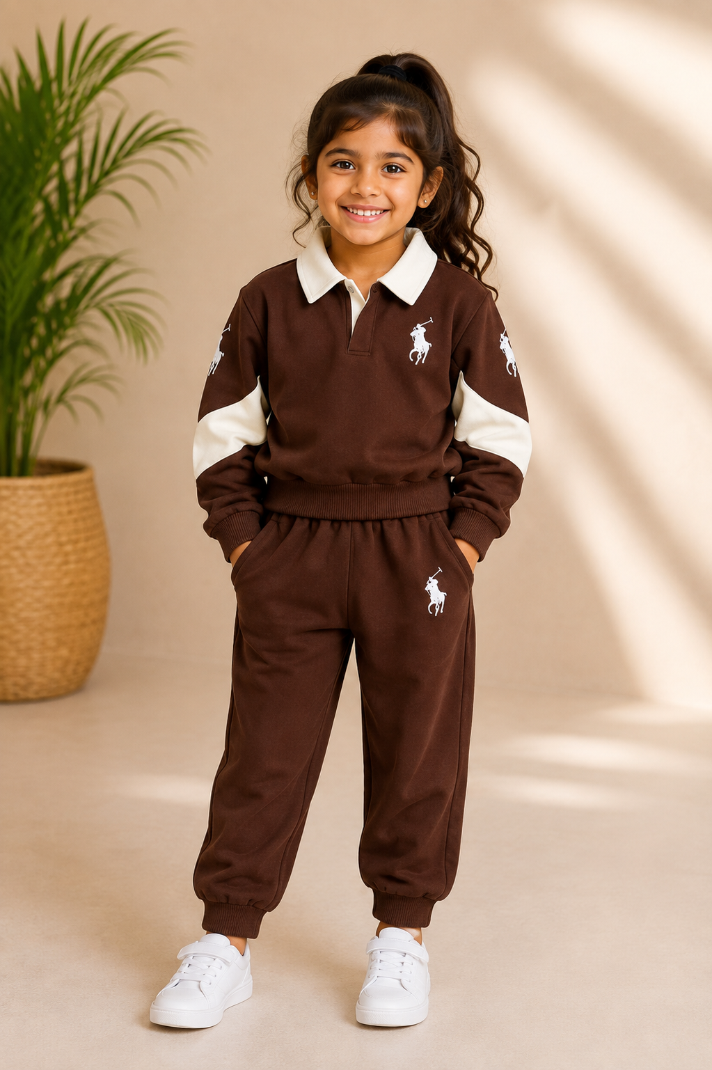 Girls Chocolate Brown Polo Style Sweatshirt & Jogger Set