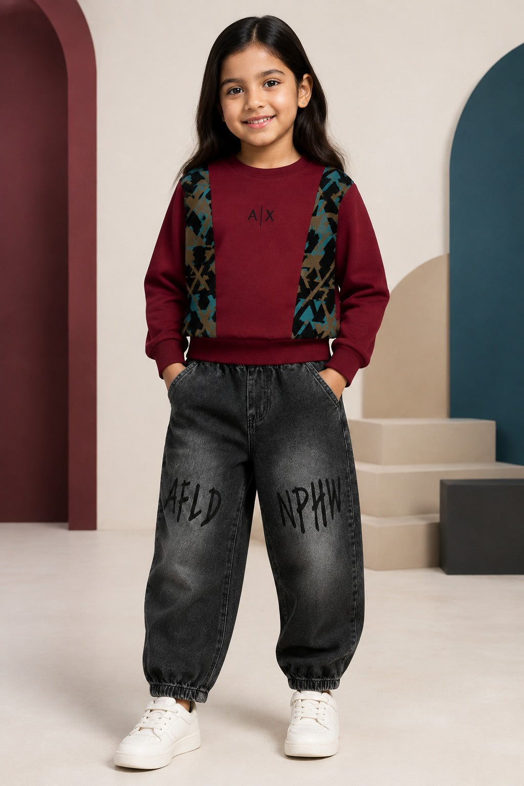 Girls Burgundy Panel Sweatshirt & Black Denim Jogger Set