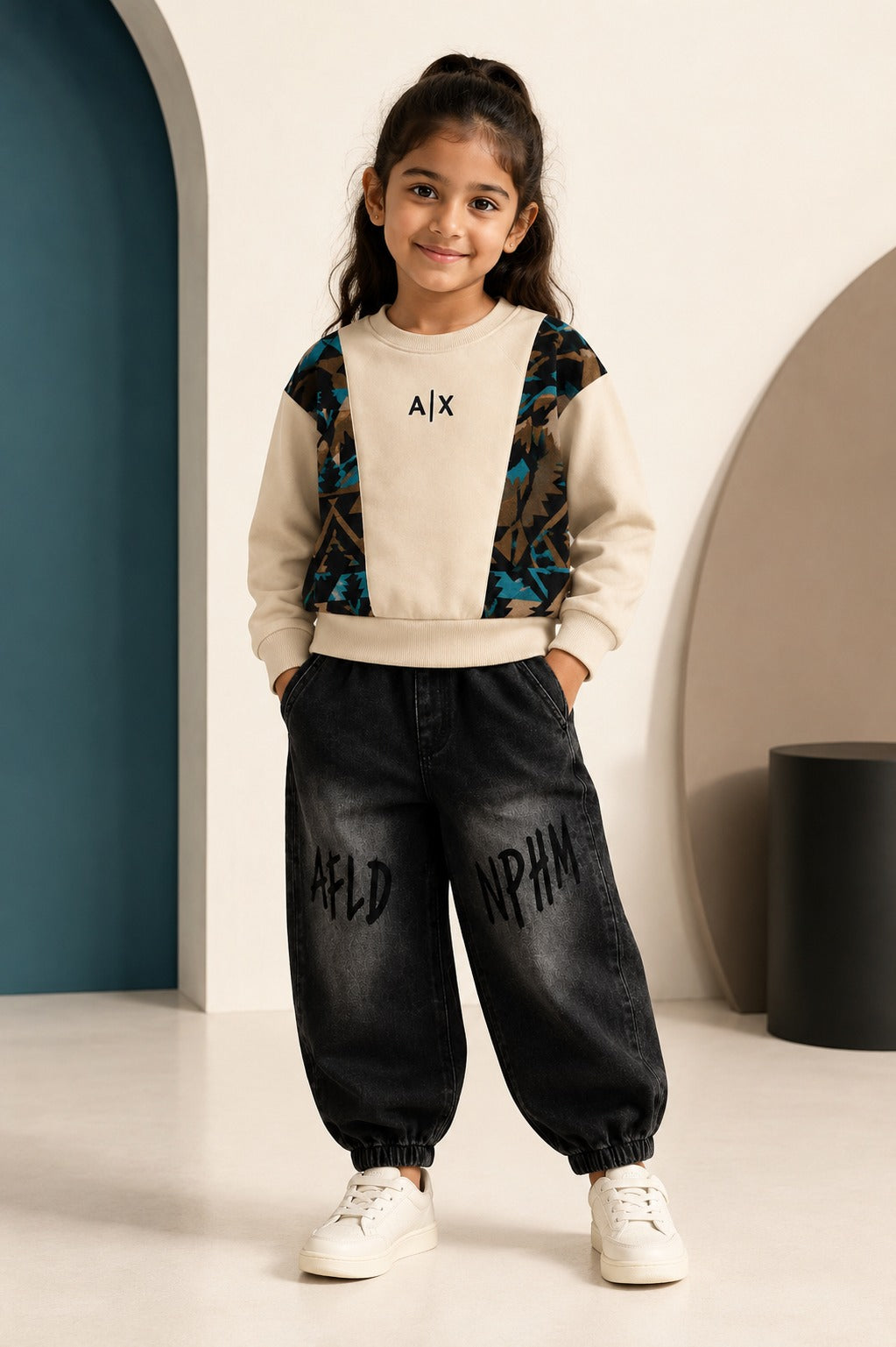 Girls Cream Panel Sweatshirt & Black Denim Jogger Set