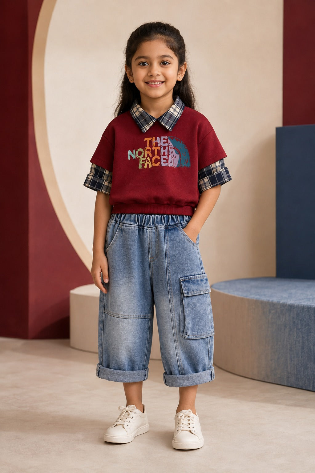 Girls Burgundy Layered Plaid-Collar Top & Wide-Leg Denim Set