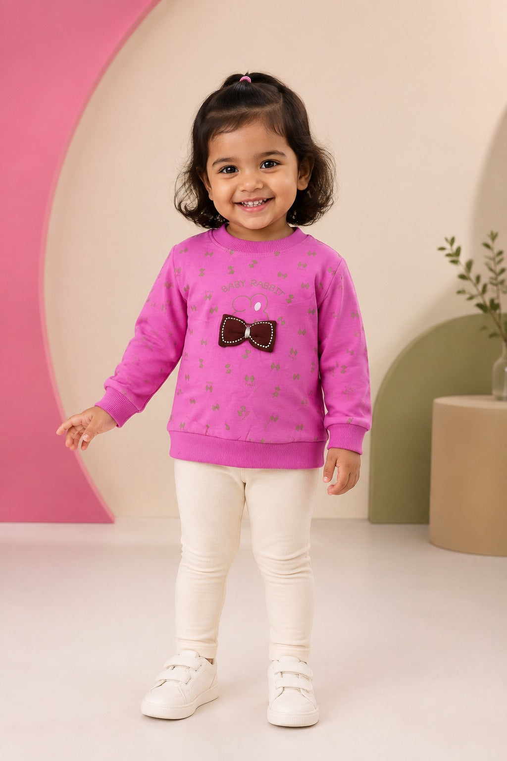 Girls Bright Pink Bow-Print Sweatshirt & Cream Pants Set