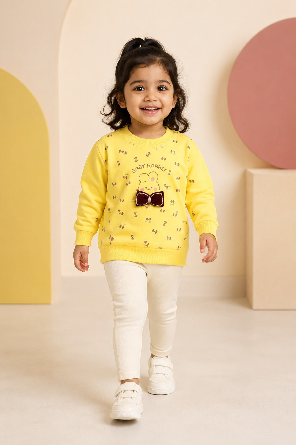 Girls Yellow Bow-Print Sweatshirt & Cream Pants Set