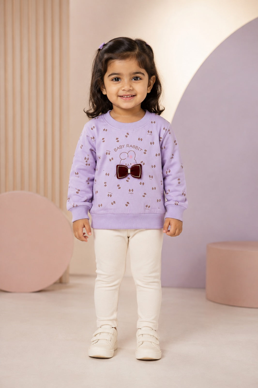Girls Lavender Bow-Print Sweatshirt & Cream Pants Set