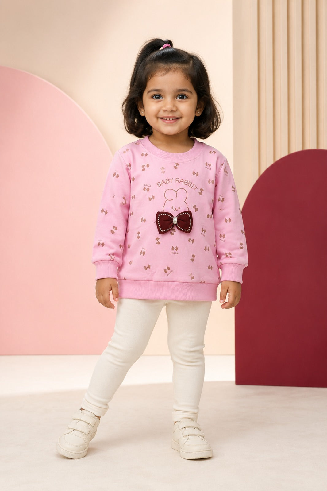 Girls Blush Pink Bow-Print Sweatshirt & Cream Pants Set