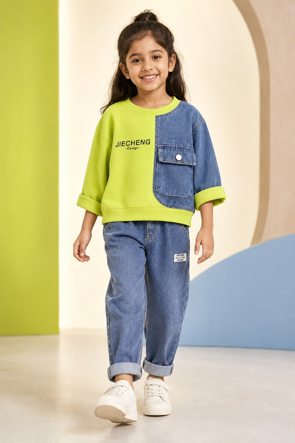 Girls Lime Green Denim-Panel Sweatshirt & Blue Jeans Set