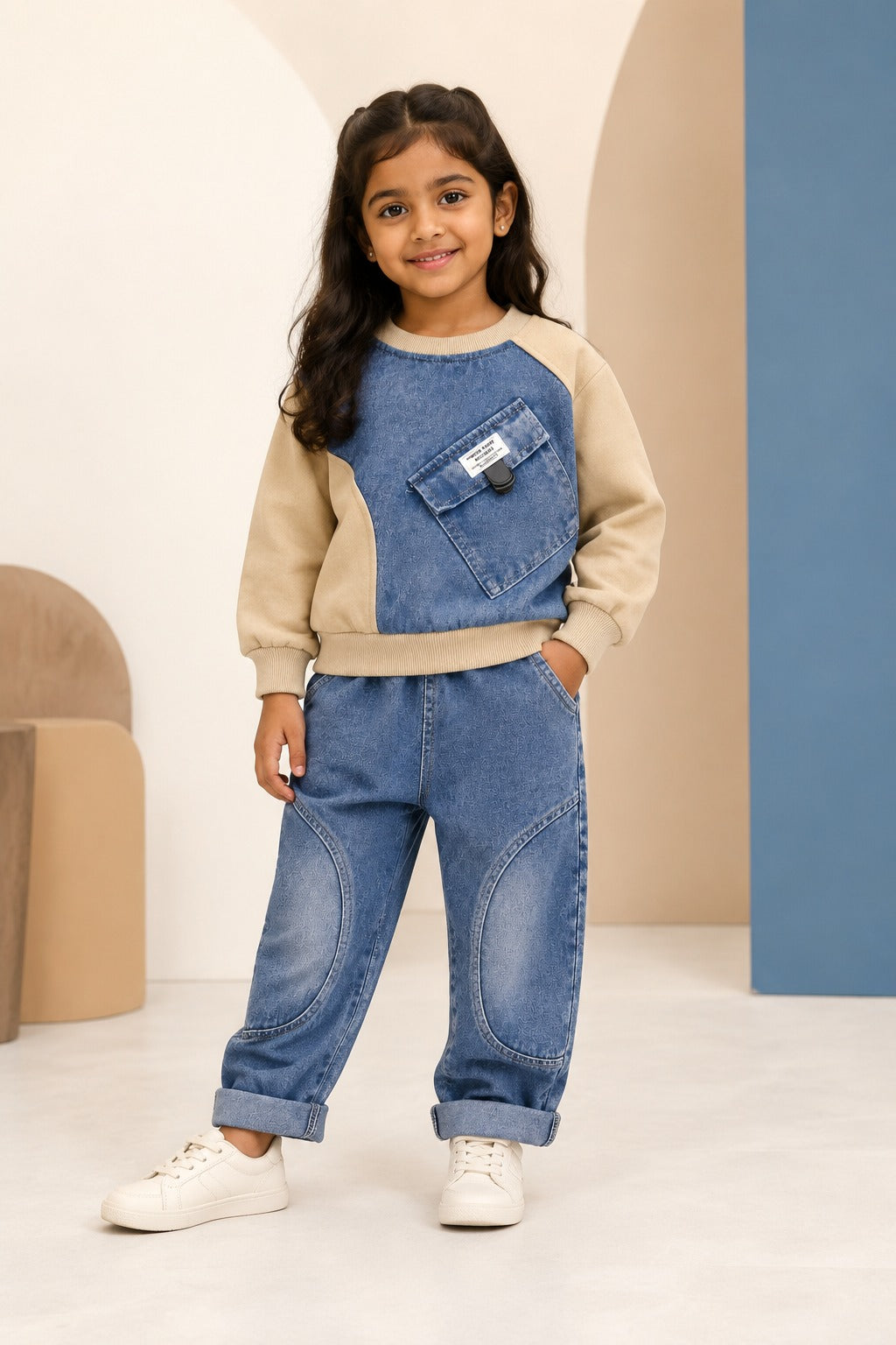 Girls Beige Denim-Panel Sweatshirt & Blue Jeans Set