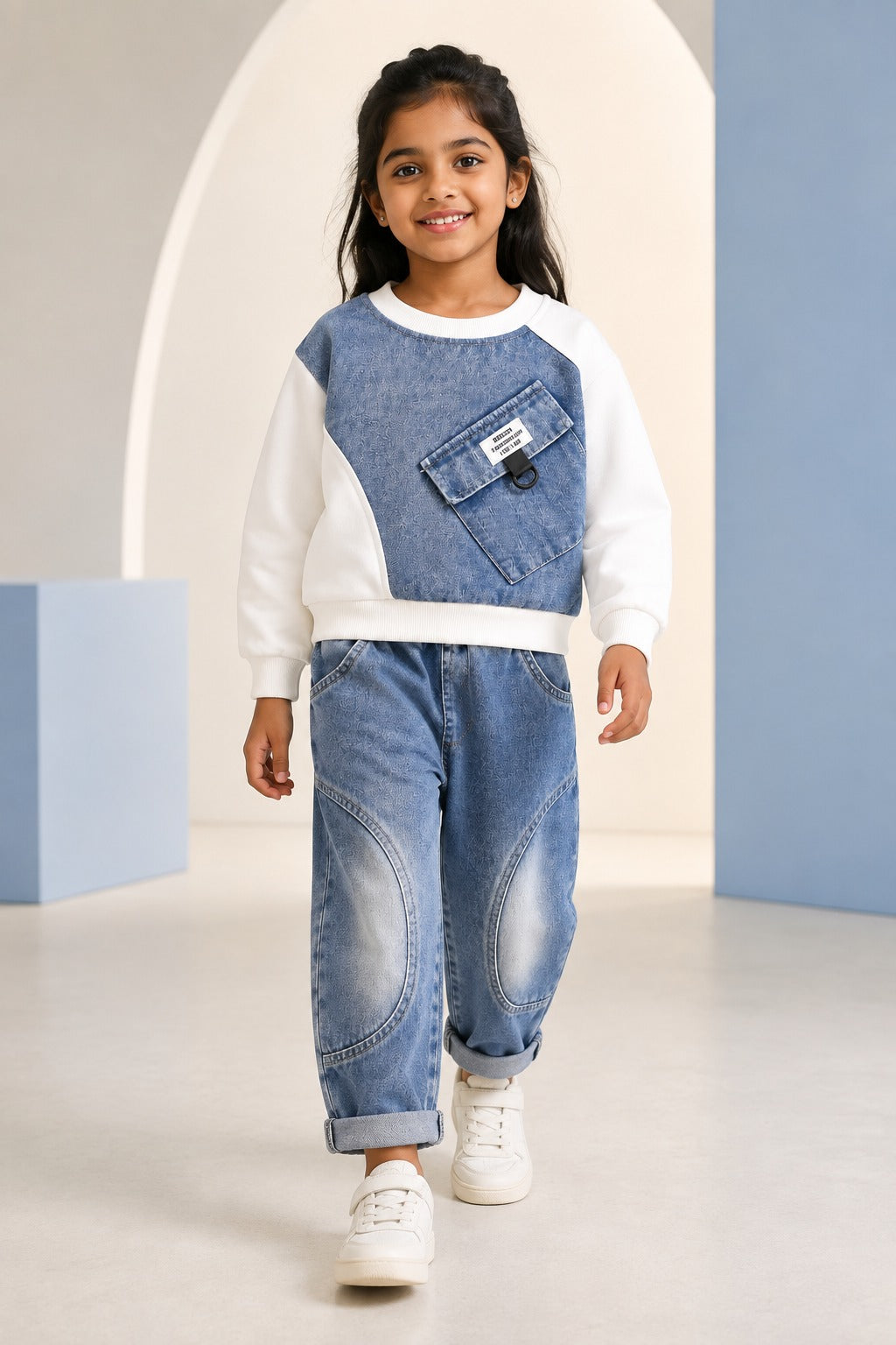 Girls White Denim-Panel Sweatshirt & Blue Jeans Set