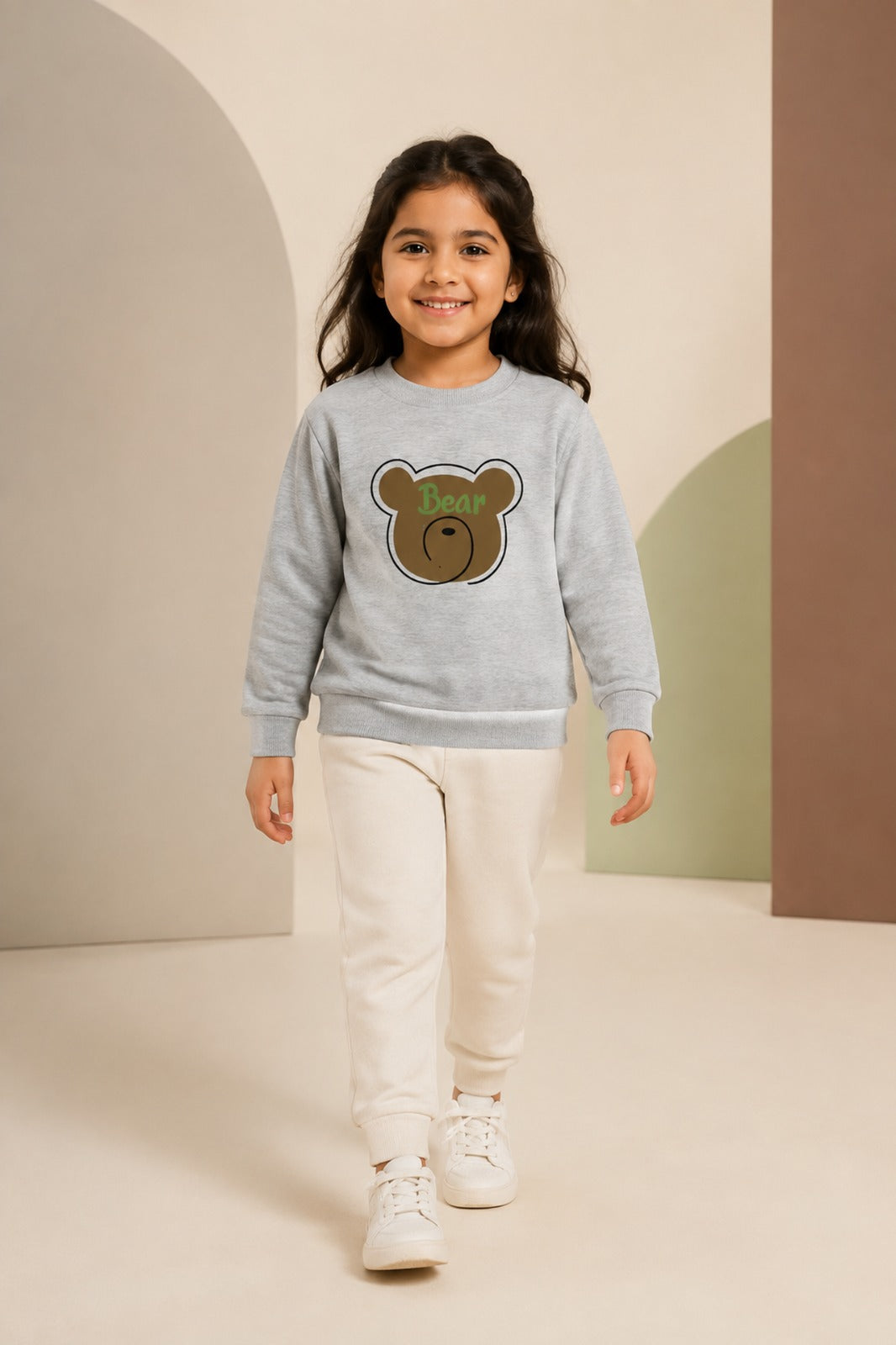 Girls Grey Bear-Print Sweatshirt & Cream Jogger Set