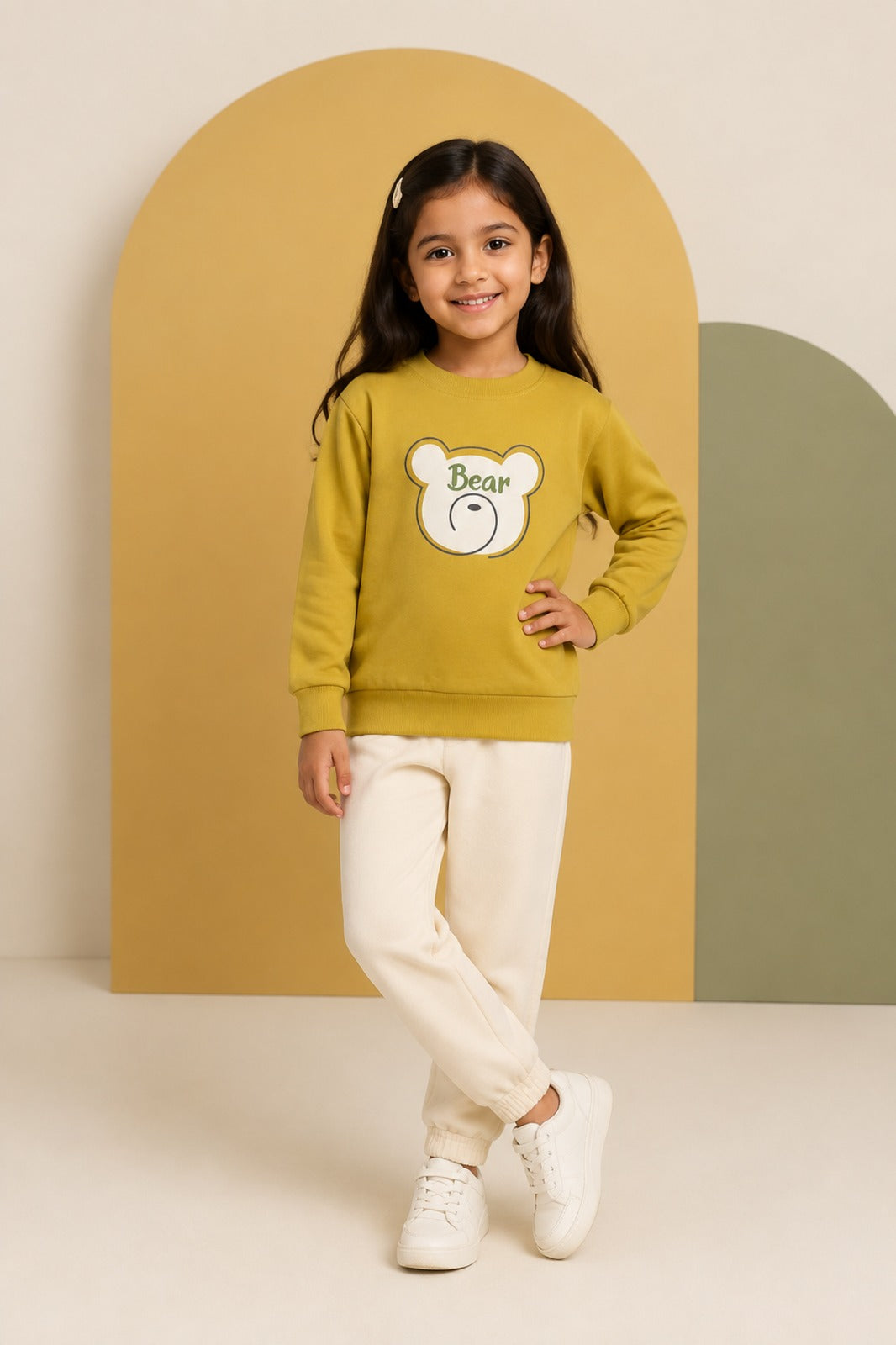 Girls Mustard Bear-Print Sweatshirt & Cream Jogger Set