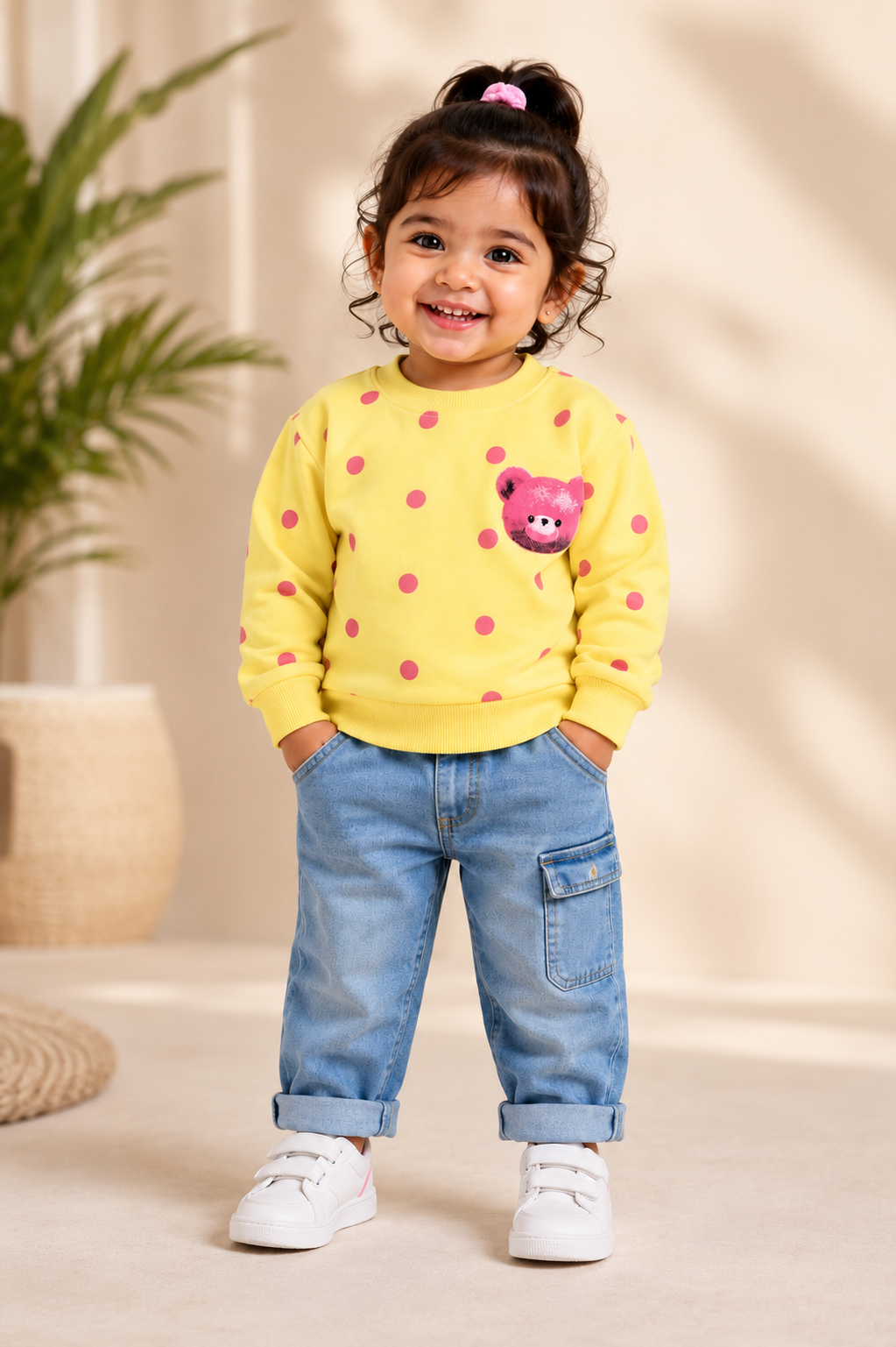Girls Yellow Polka Dot Teddy Bear Sweatshirt