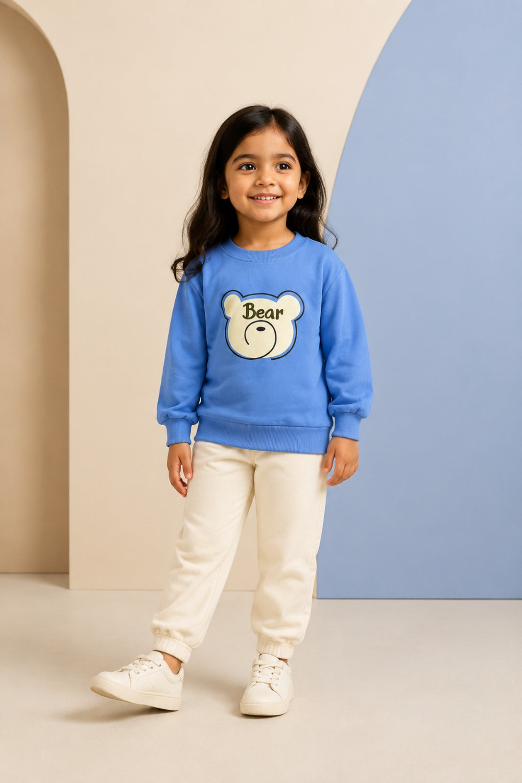 Girls Blue Bear-Print Sweatshirt & Cream Jogger Set