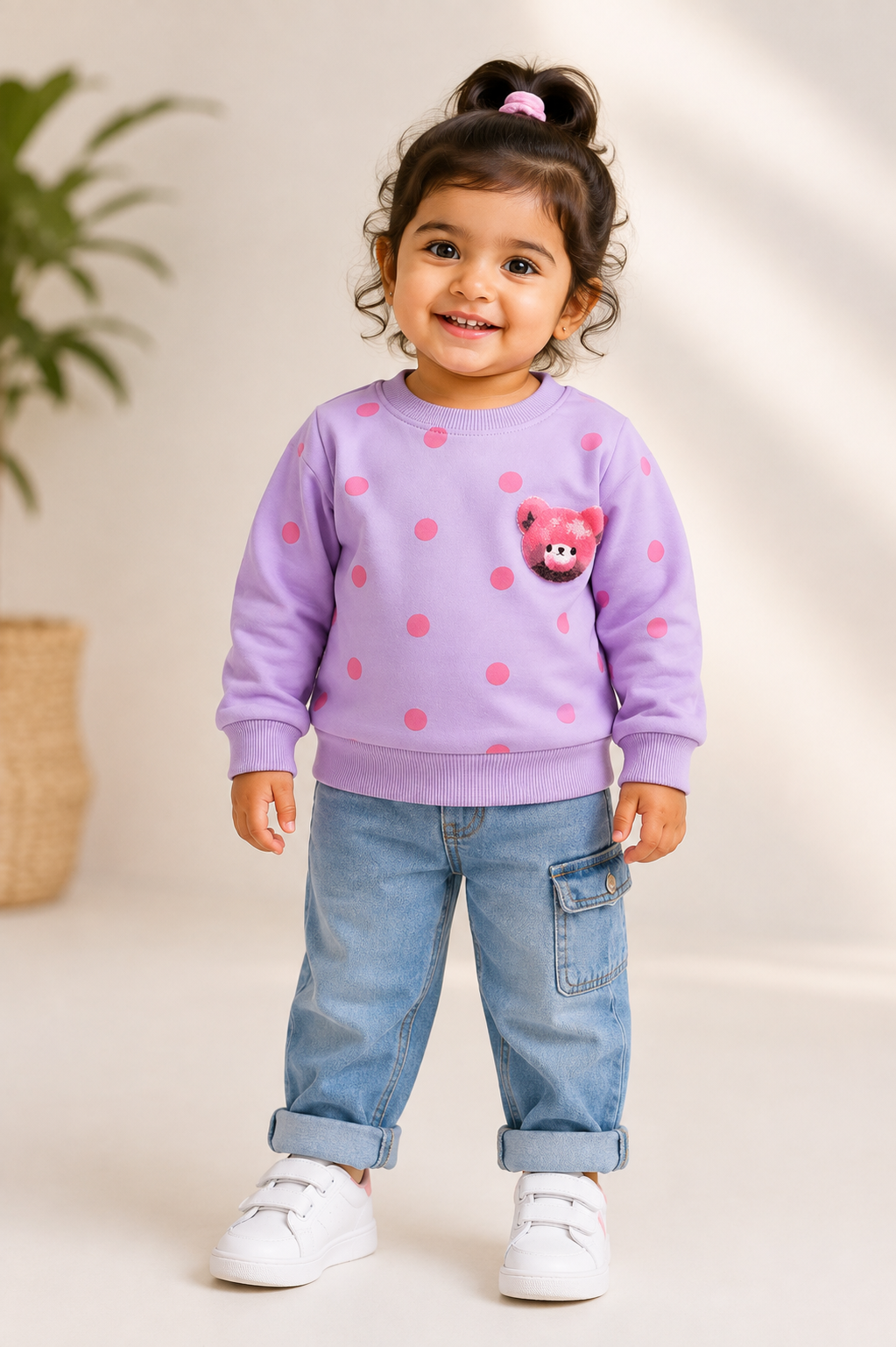 Girls Lavender Polka Dot Teddy Bear Sweatshirt