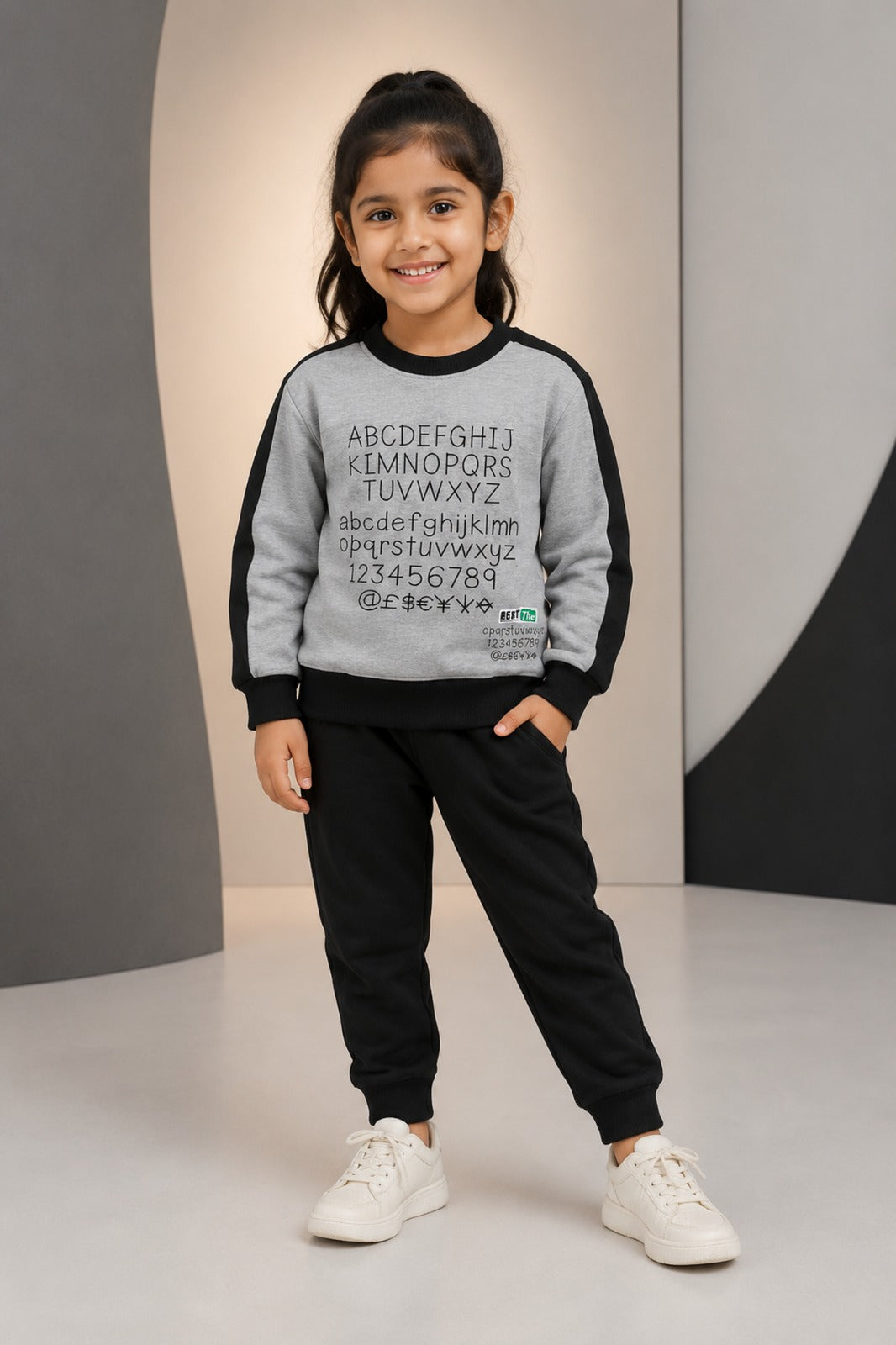 Girls Grey Alphabet-Print Sweatshirt & Black Jogger Set