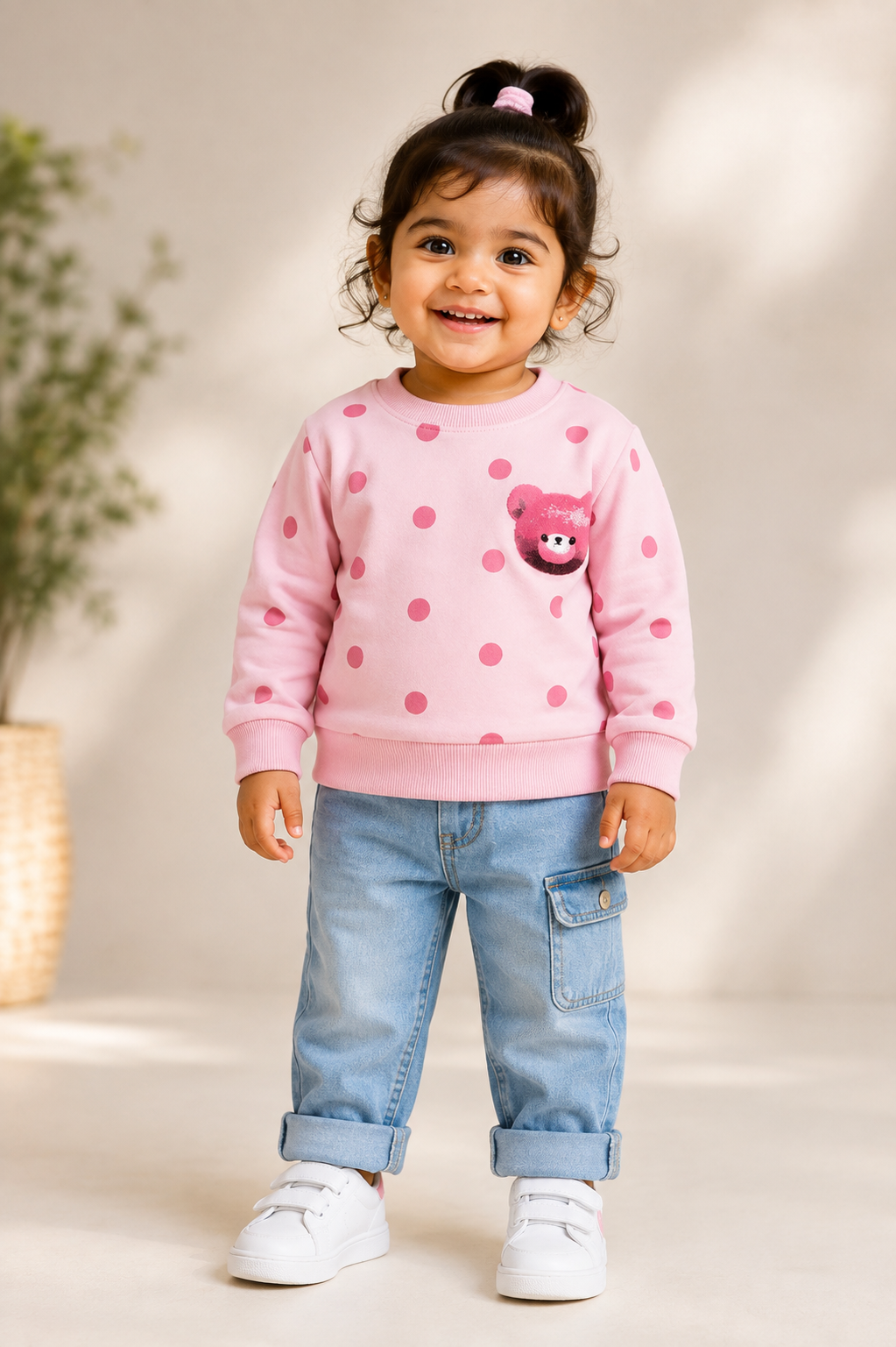 Girls Pink Polka Dot Teddy Bear Sweatshirt