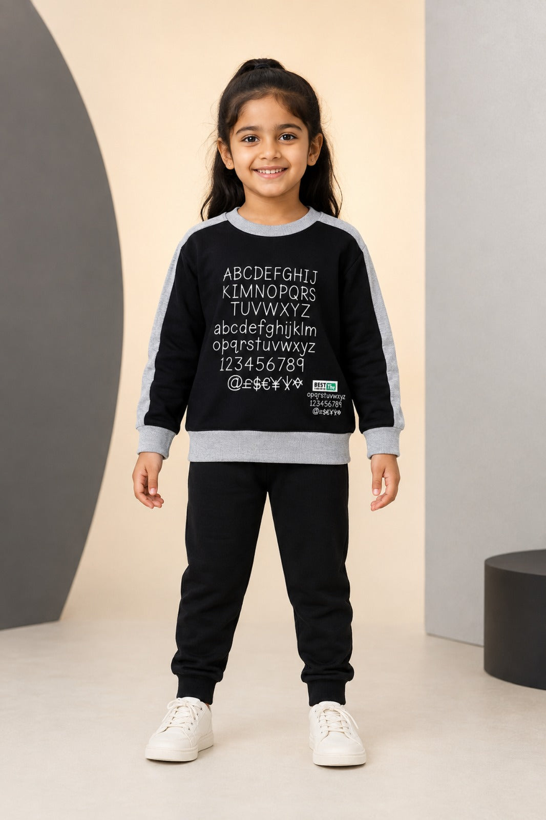 Girls Black Alphabet-Print Sweatshirt & Black Jogger Set
