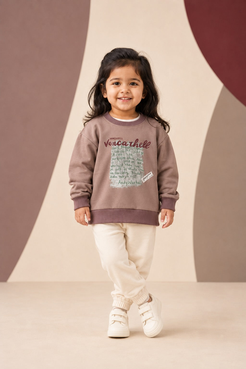 Girls Mauve Script-Print Sweatshirt & Cream Jogger Set
