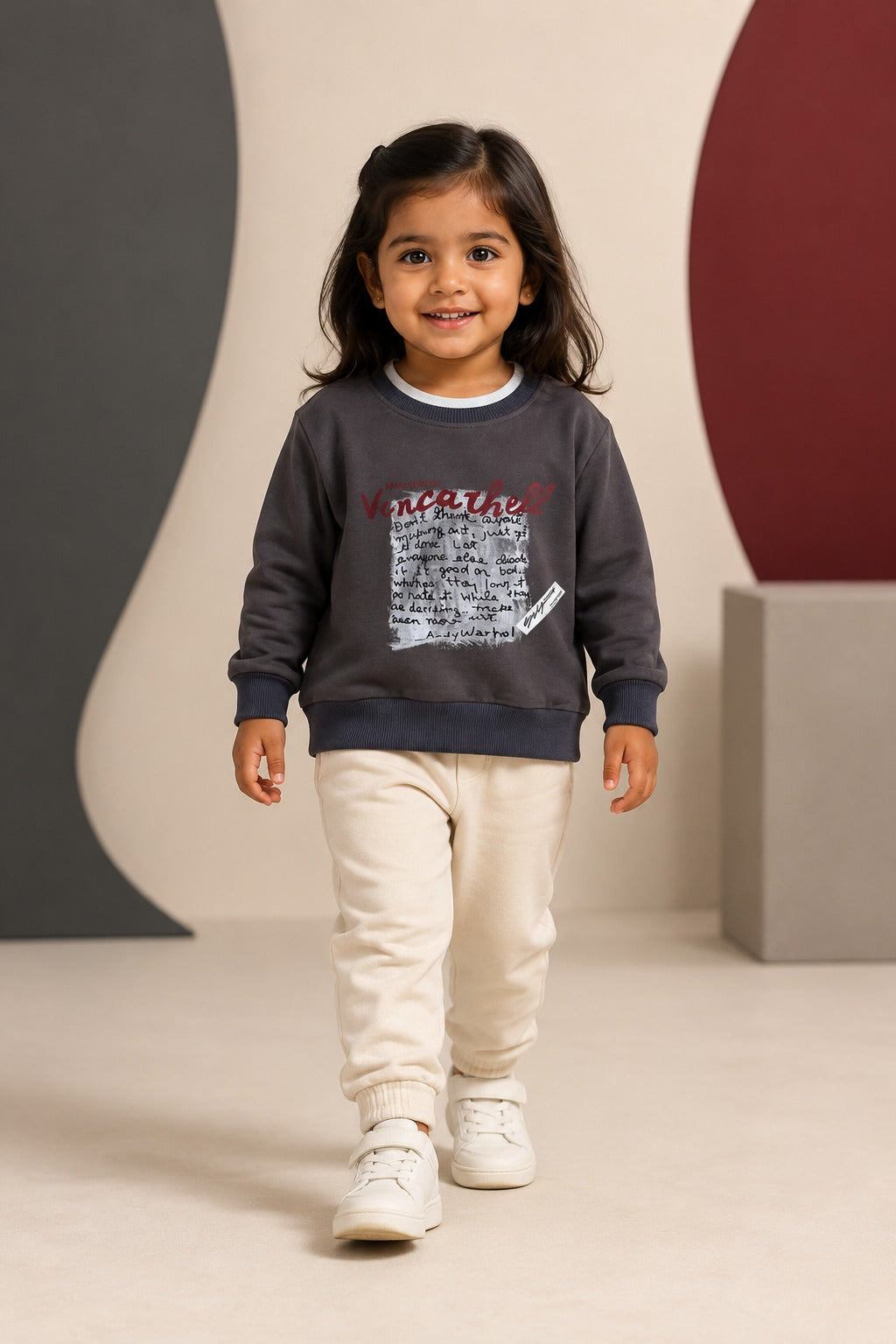 Girls Charcoal Script-Print Sweatshirt & Cream Jogger Set