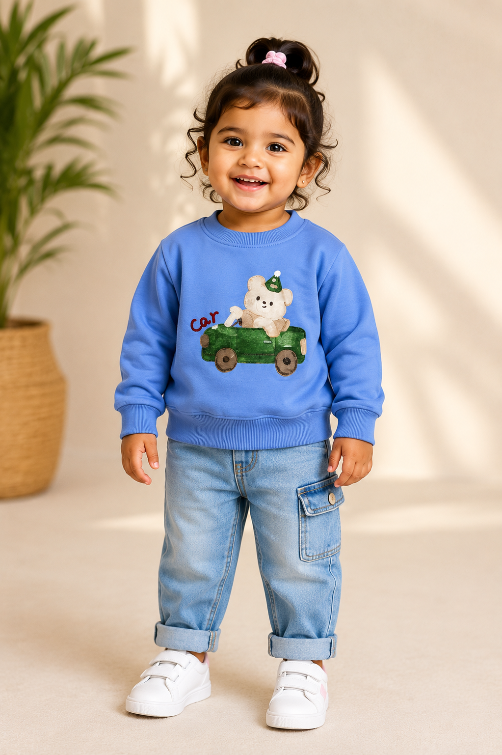 Girls Blue Teddy Car Graphic Sweatshirt