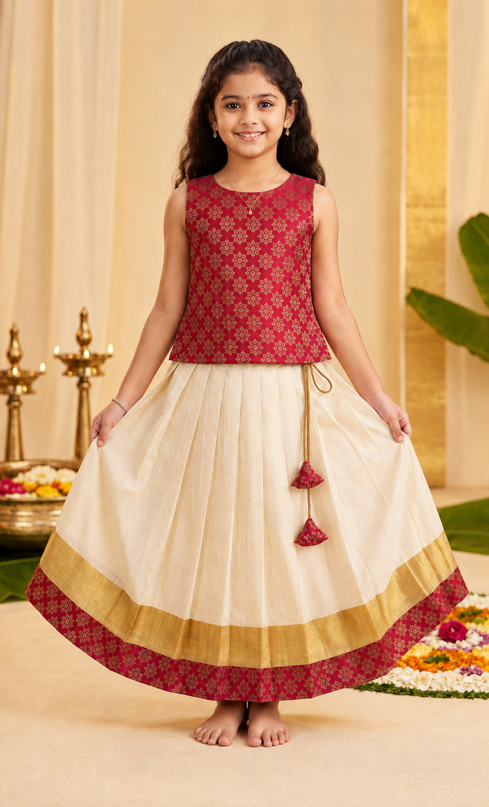 Ruby Red & Ivory Festive Pattu Pavada Set for Girls - INA2507