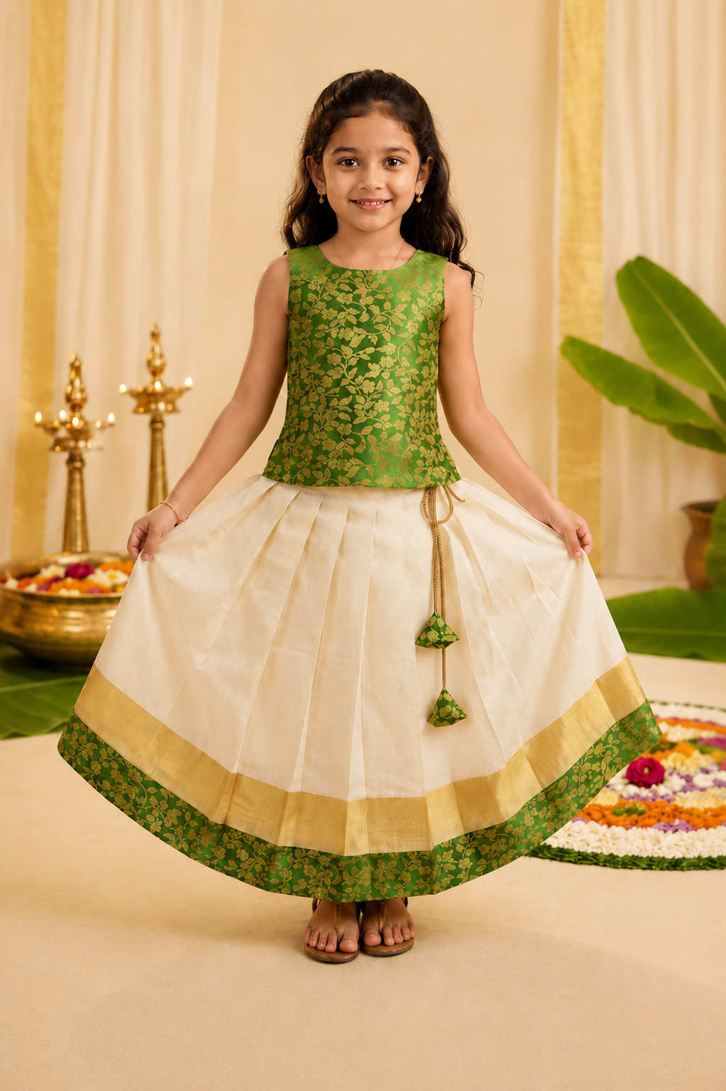 Emerald Green & Ivory Festive Pattu Pavada Set for Girls - INA2508