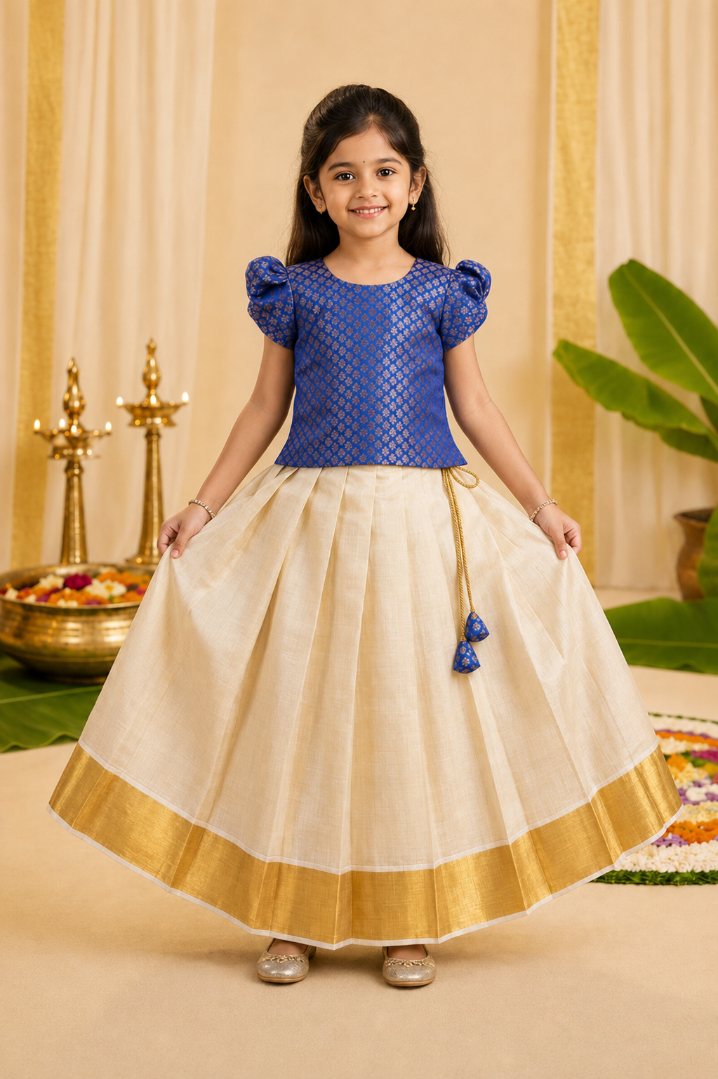 Royal Blue Puff Sleeve & Ivory Pattu Pavada Set for Girls - INA2509