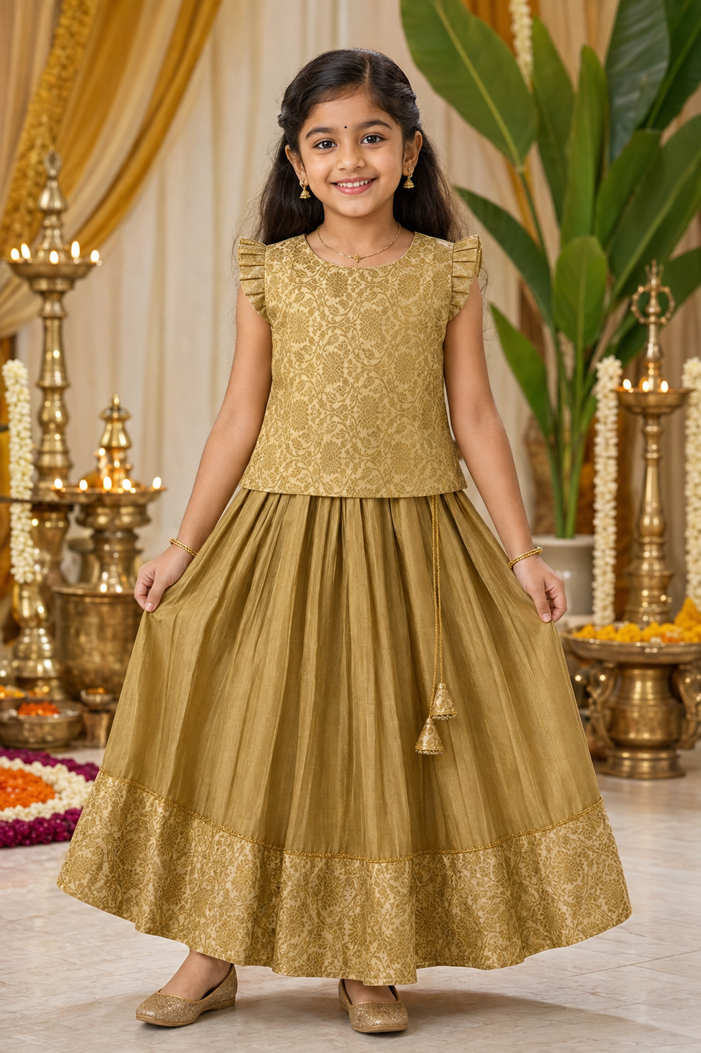 Antique Gold Brocade Festive Pattu Pavada Set for Girls - INA2510