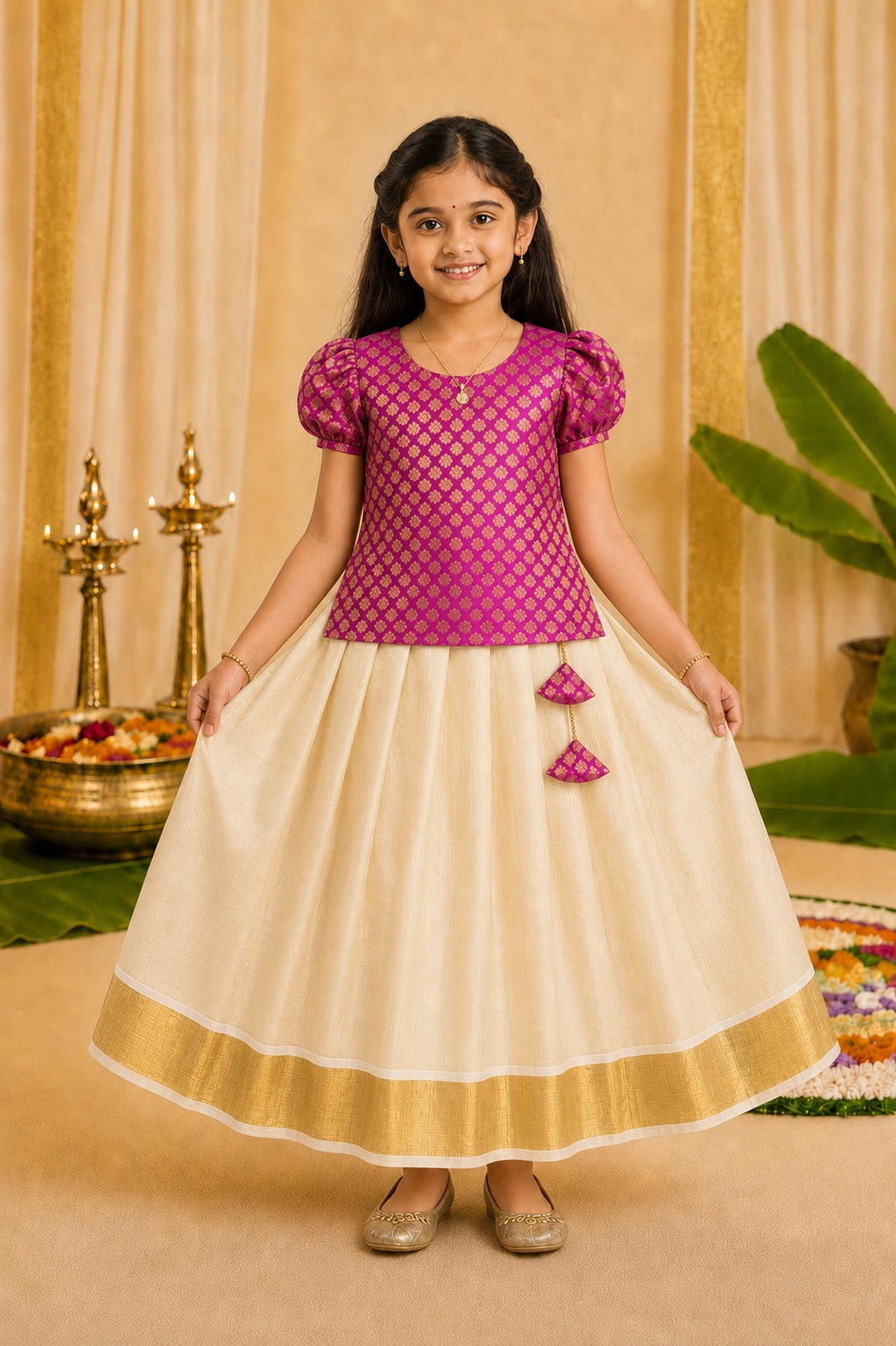 Magenta Puff Sleeve & Ivory Pattu Pavada Set for Girls - INA2511