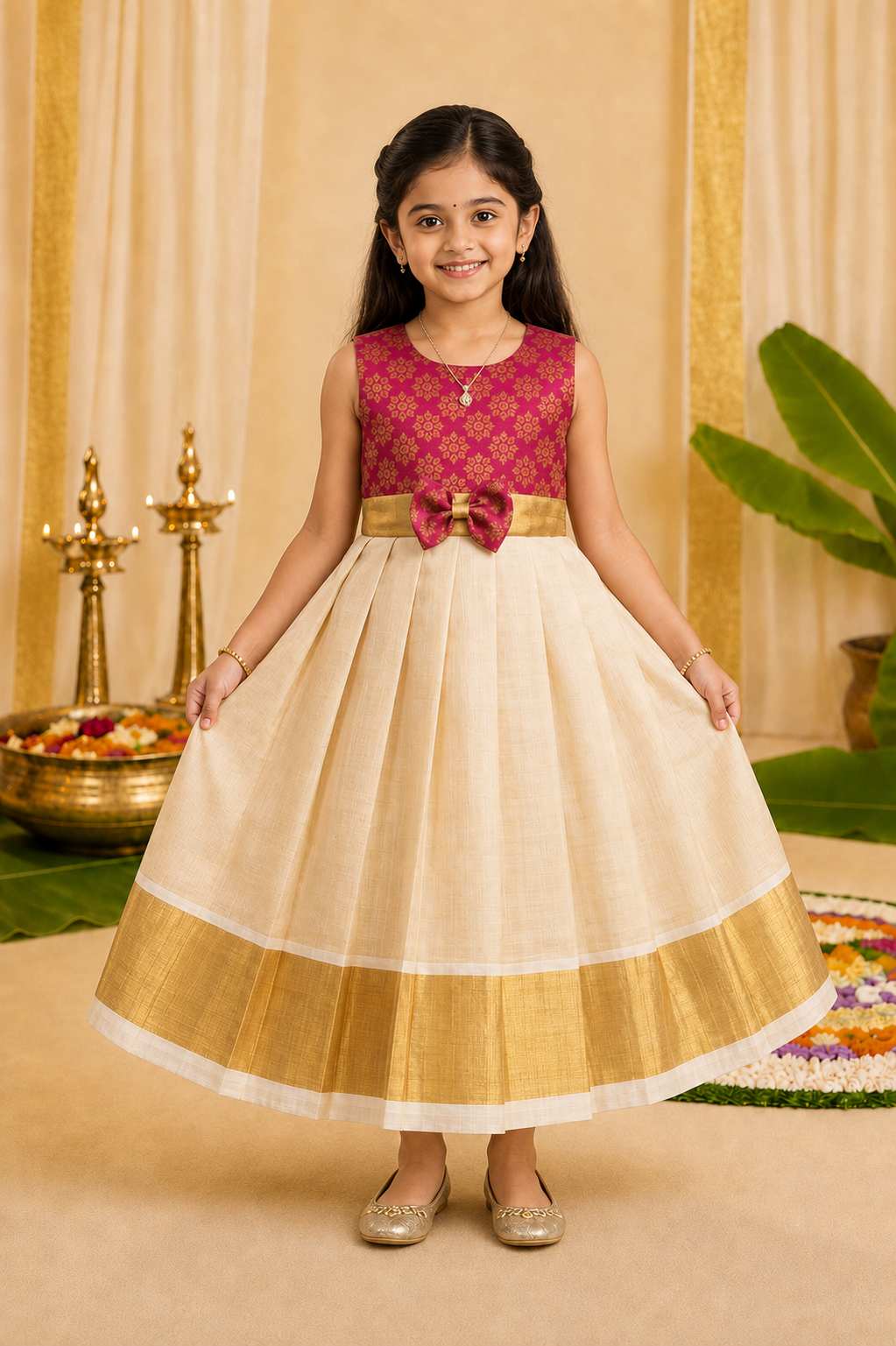 Ruby Pink Bow Detail Ivory Festive Gown for Girls - INA2512
