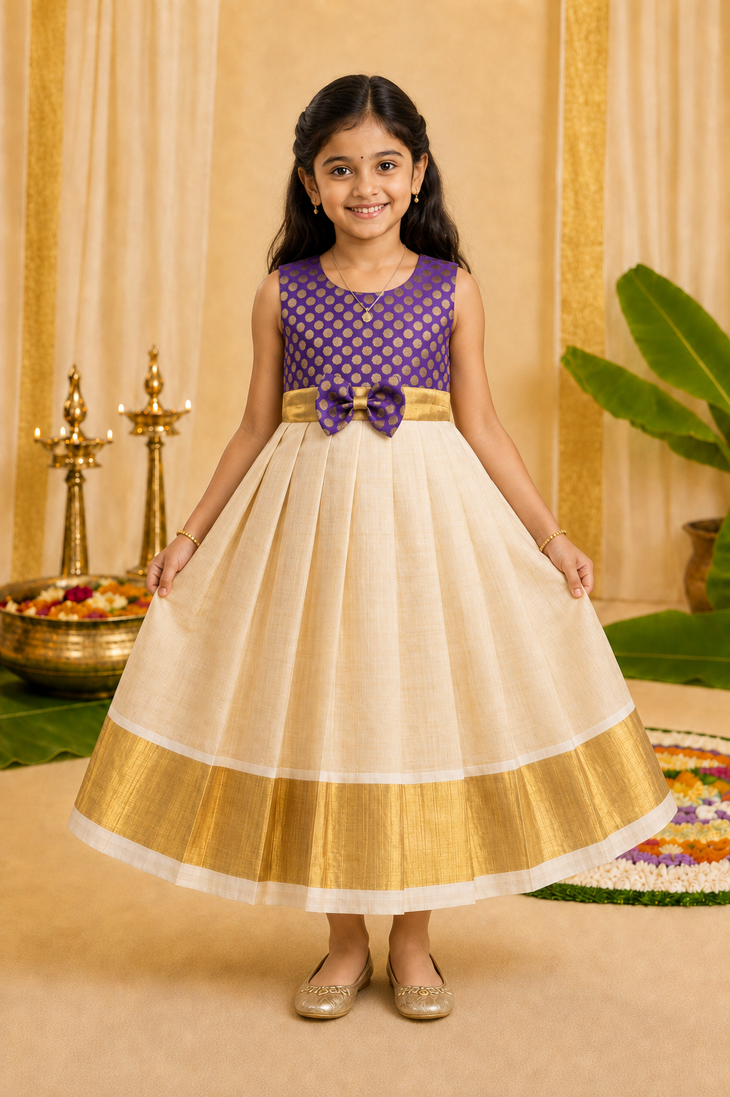 Royal Purple Bow Detail Ivory Festive Gown for Girls - INA2513
