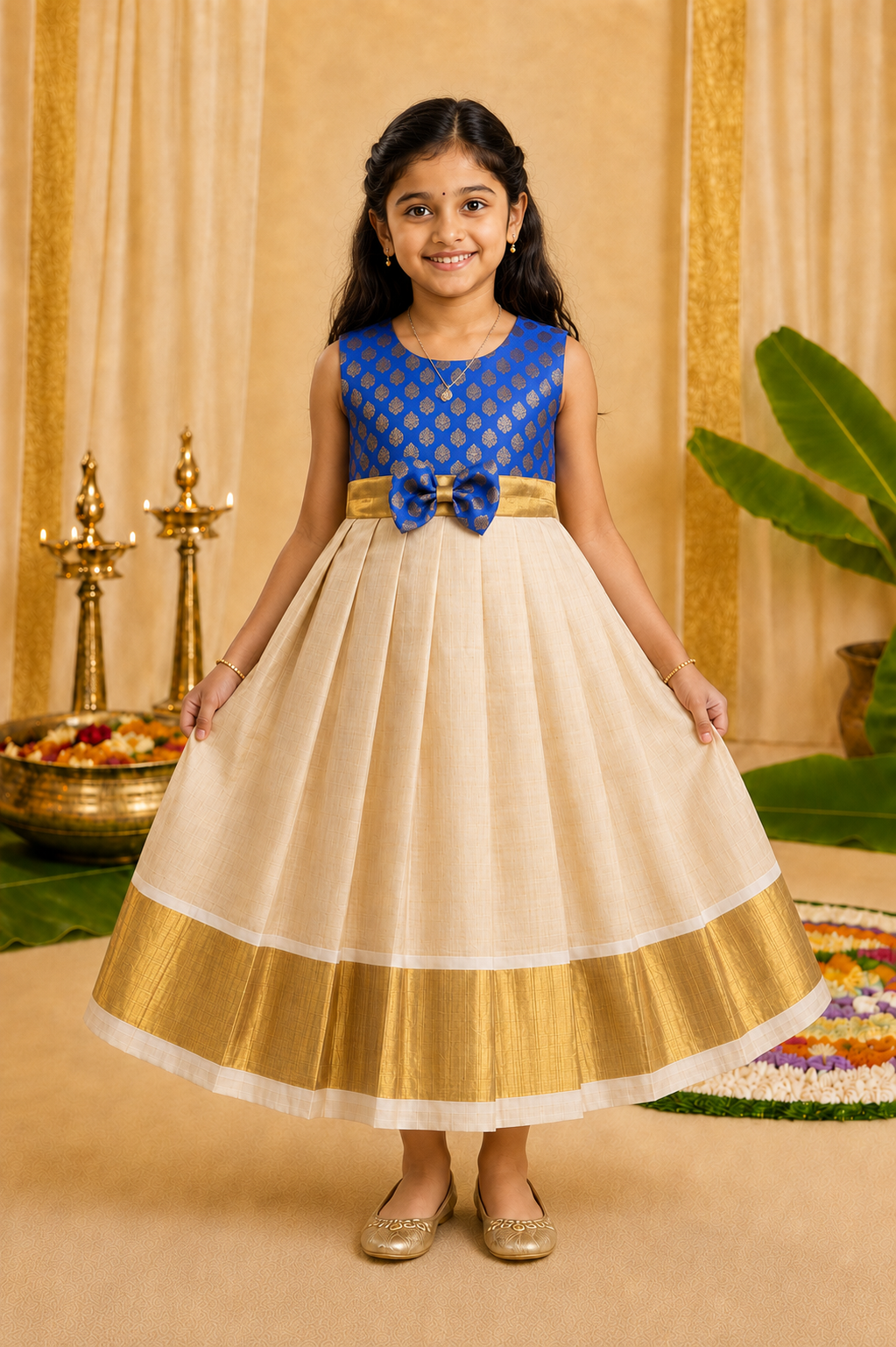 Royal Blue Bow Detail Ivory Festive Gown for Girls - INA2514