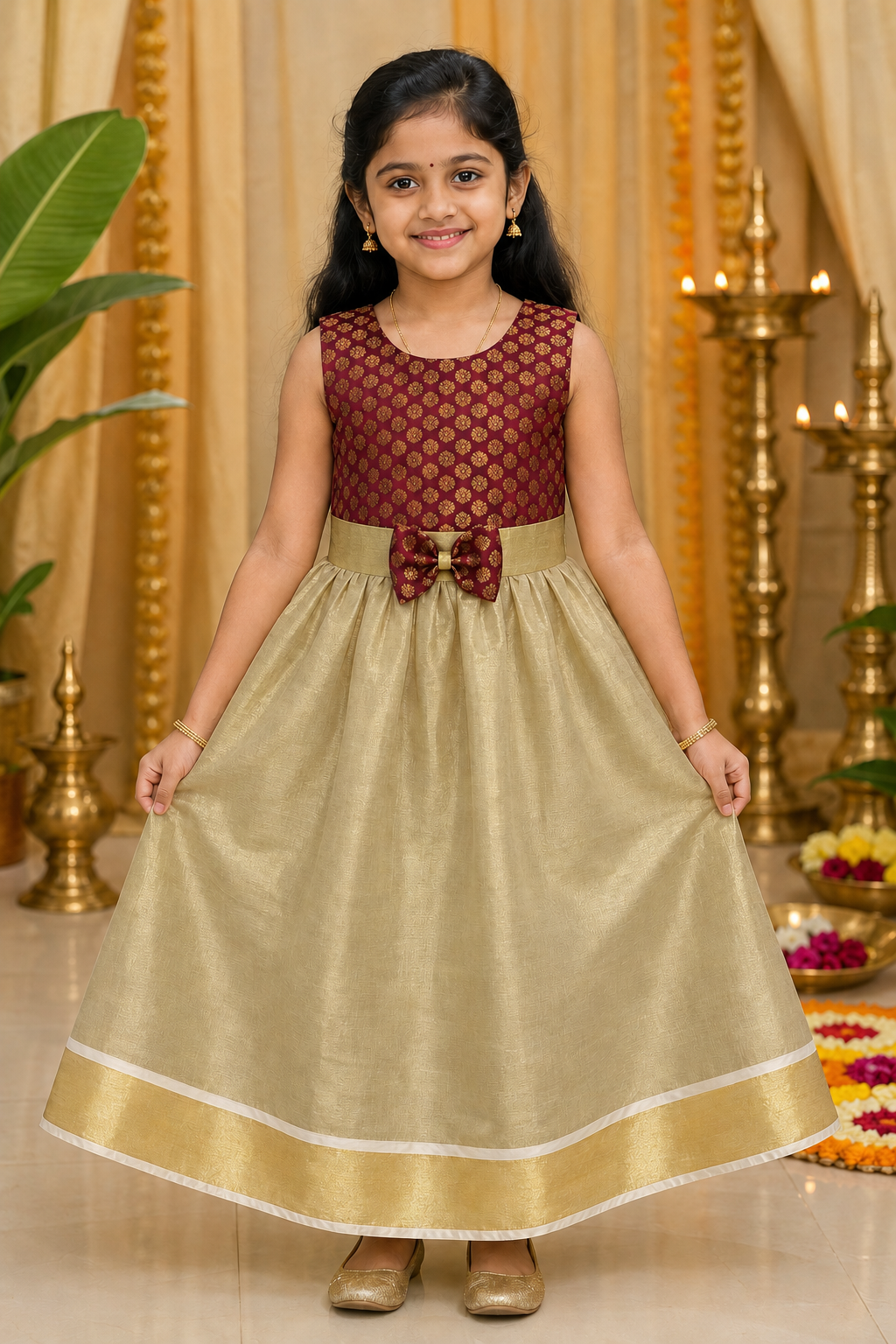 Maroon & Champagne Gold Bow Detail Festive Gown for Girls - INA2515