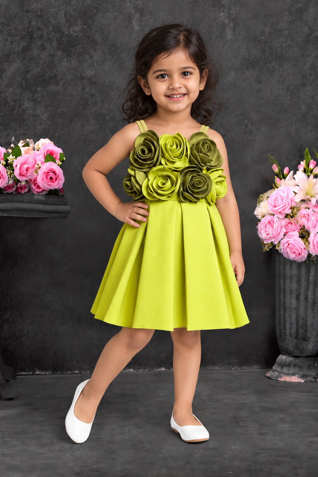 Lime green 3D floral party dress for baby girls – INA2521