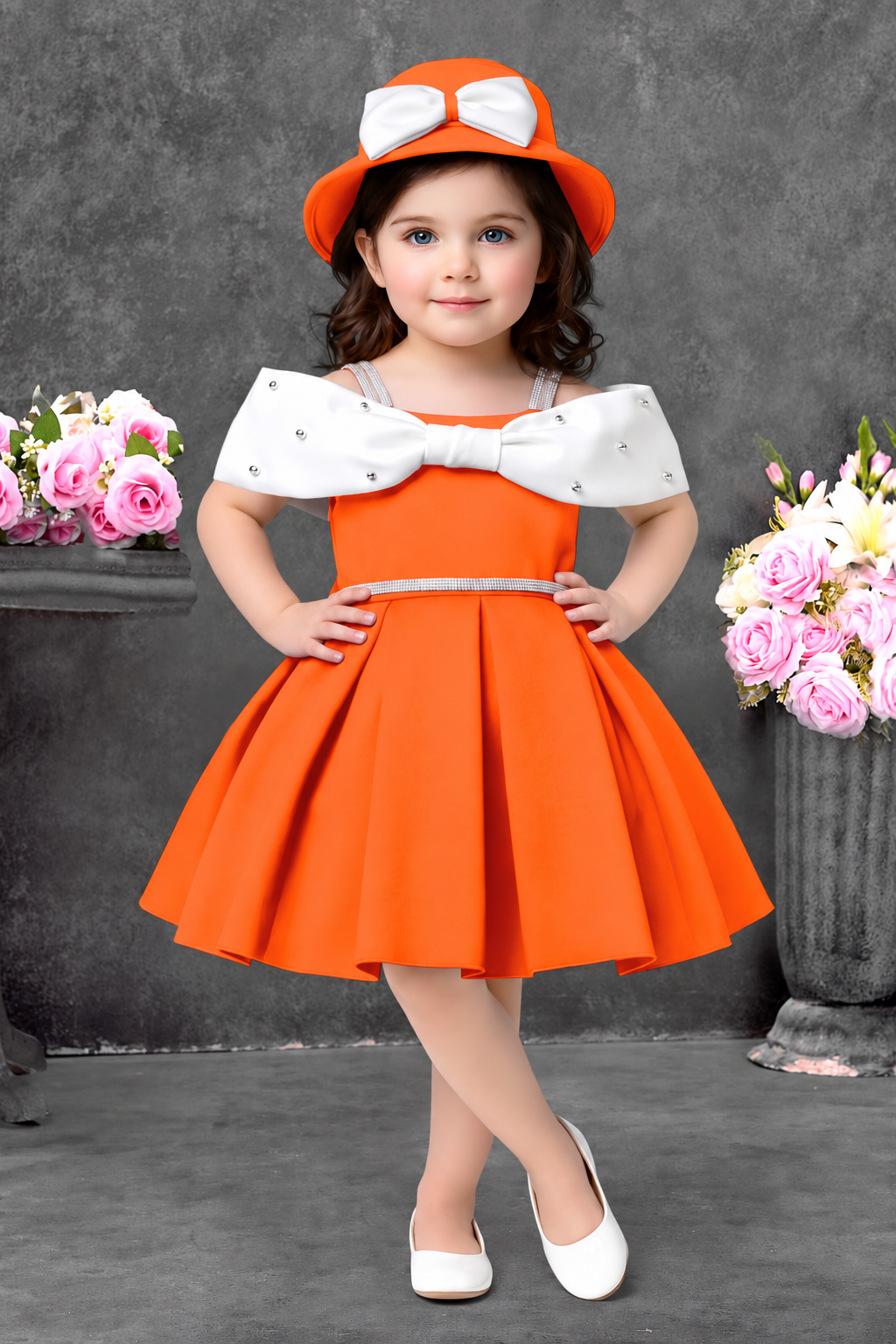 Orange and white oversized bow party dress for baby girls – INA2522