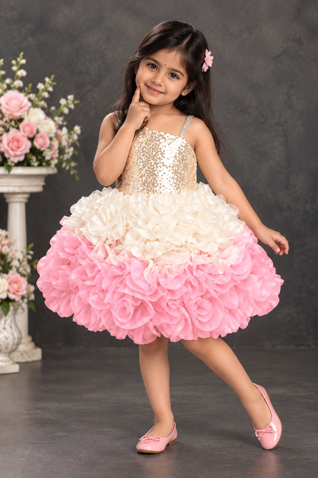 Cream and pink party dress for girls with ruffle tulle skirt and golden sequin bodice