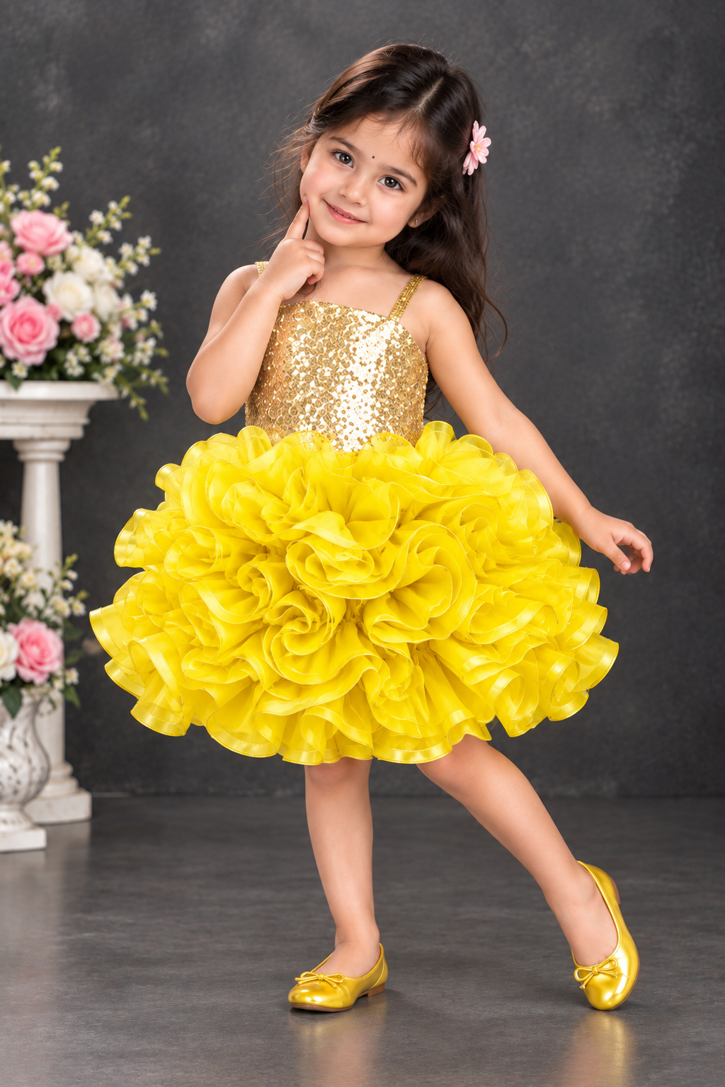 Yellow party dress for girls with ruffle tulle skirt and golden sequin bodice