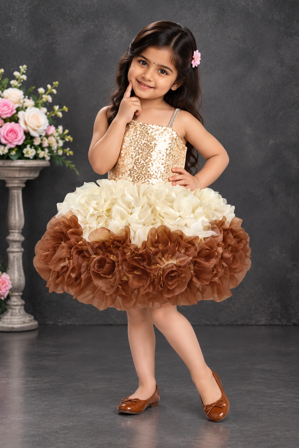 Cream and brown party dress for girls with ruffle tulle skirt and golden sequin bodice