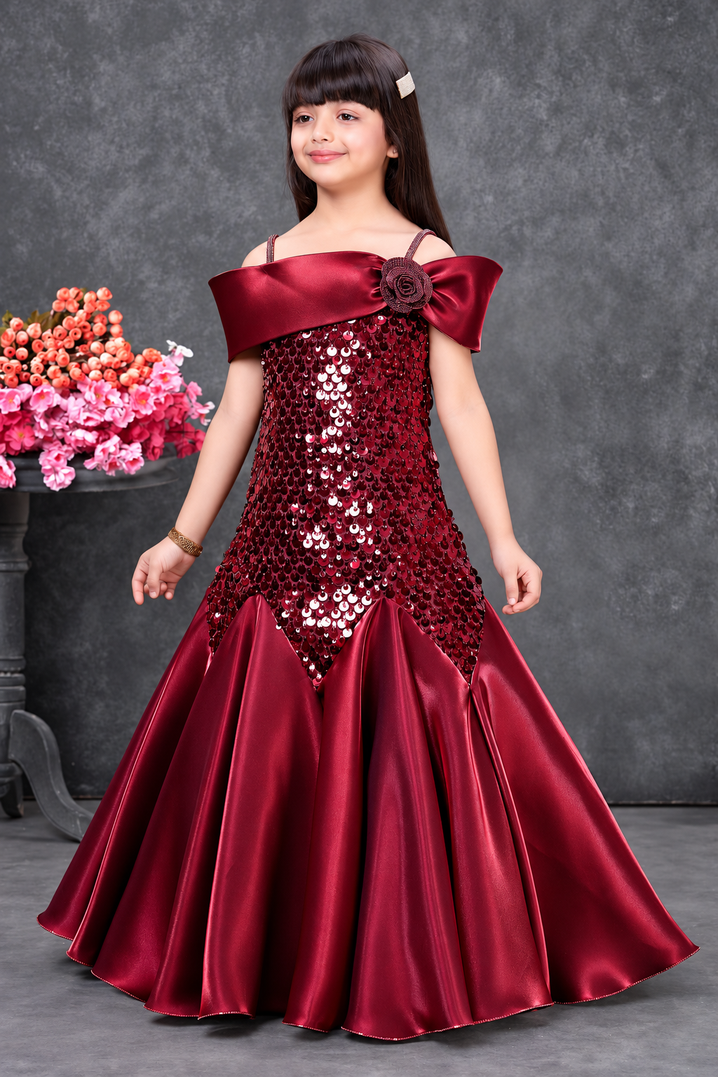 Maroon sequin off-shoulder party gown for girls