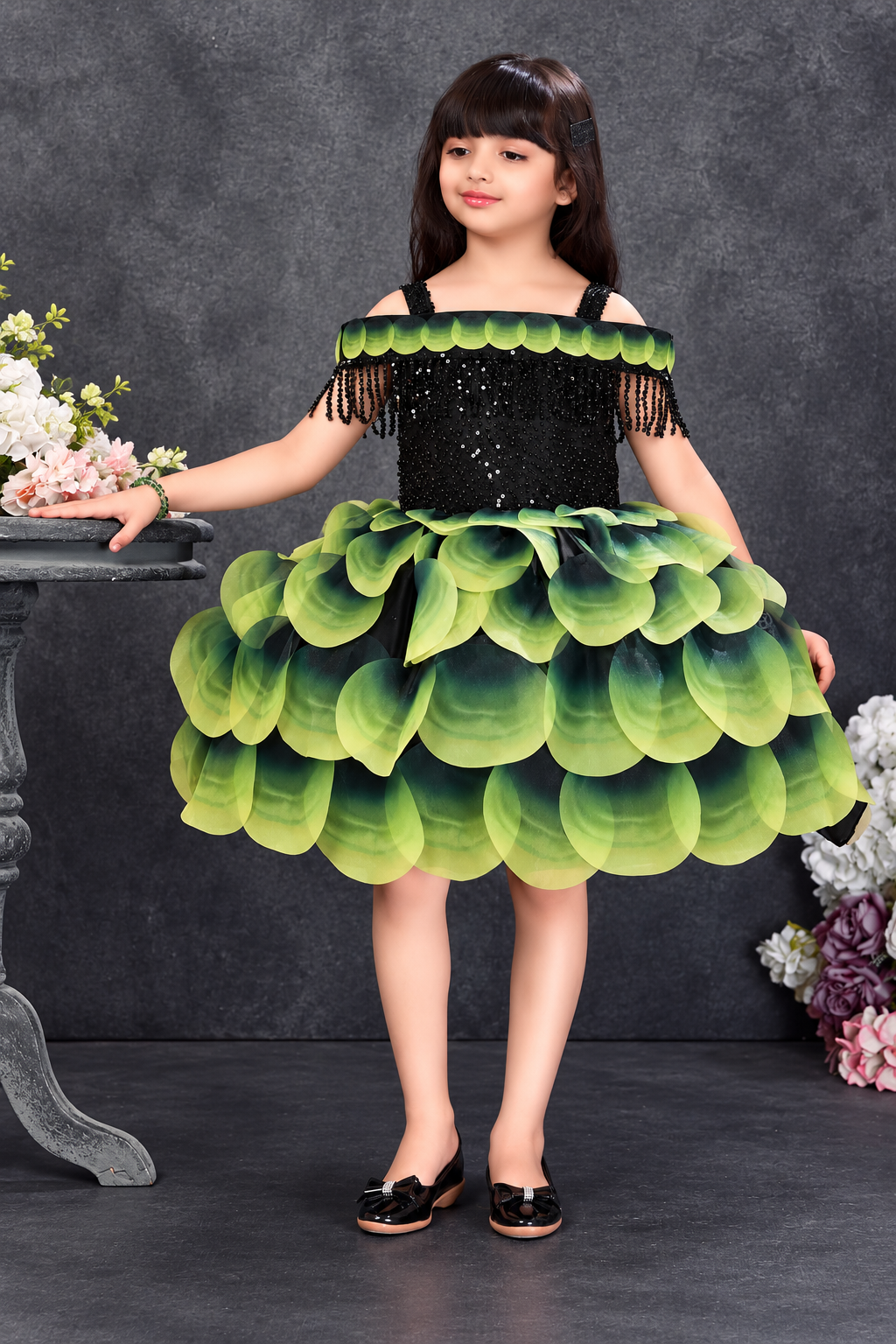 Black and lime green layered party frock for baby girls
