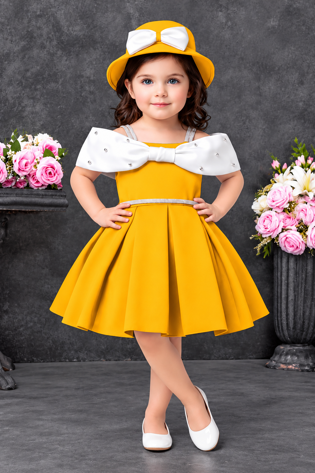 Mustard yellow off-shoulder party frock with matching hat for baby girls