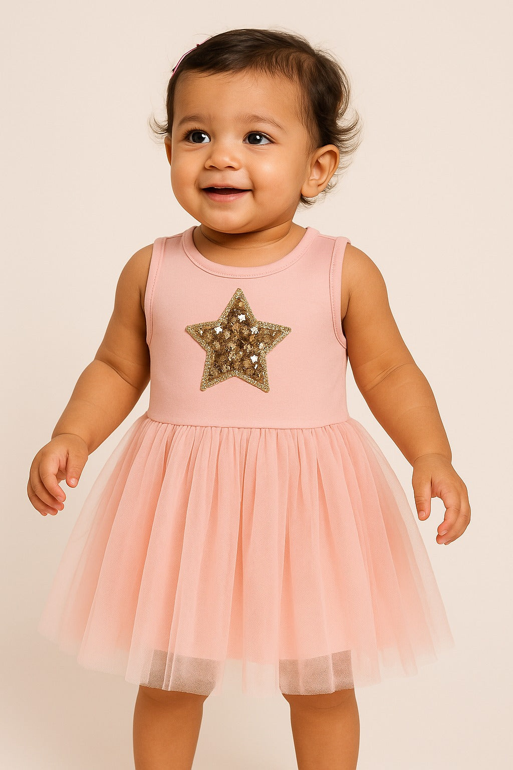 Chic Peach Sleeveless Tulle Dress for Girls – Glitter Star Patch Design - Inayah Fashion