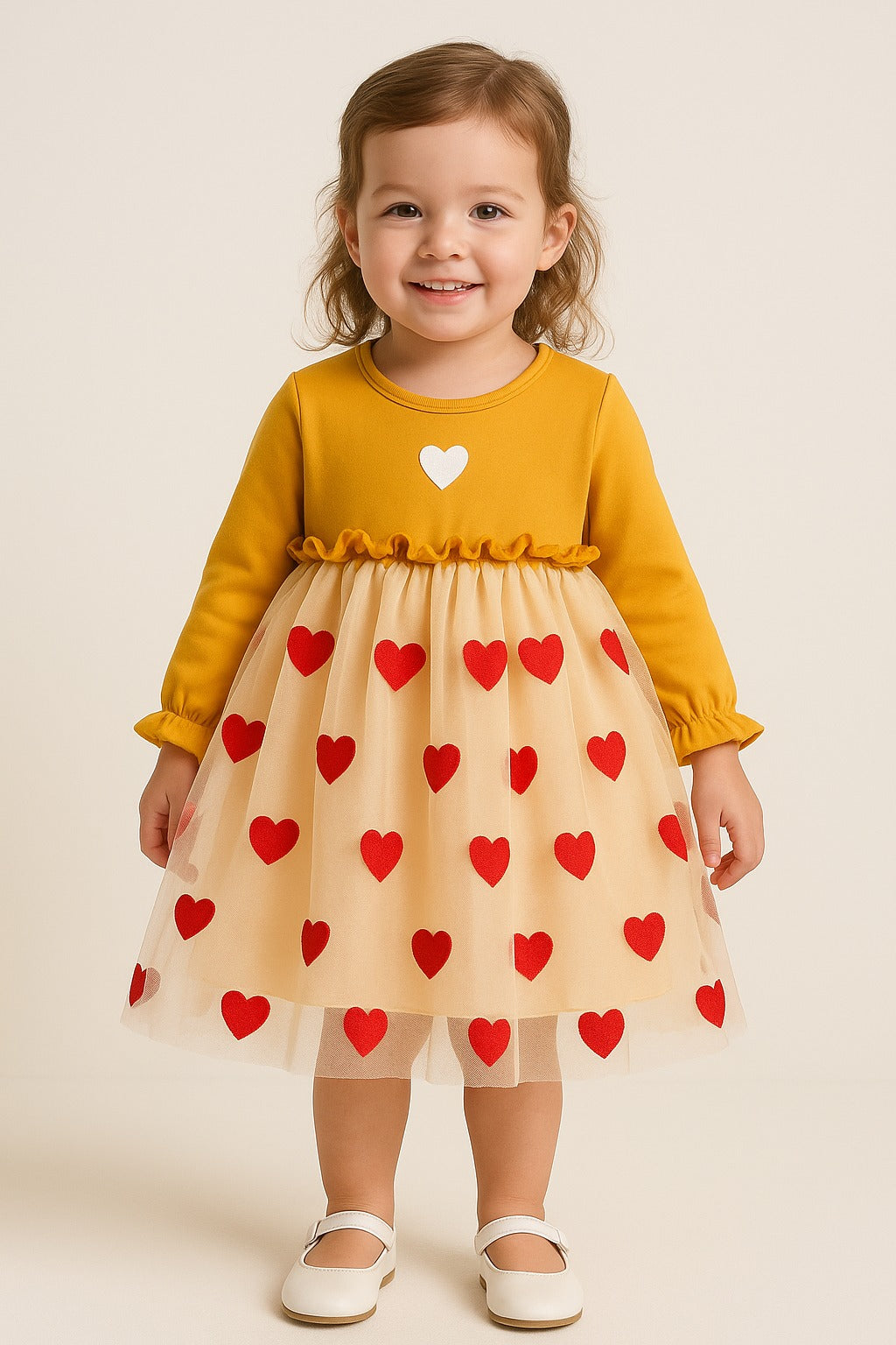 Mustard yellow cotton frock for baby girls with red heart tulle skirt