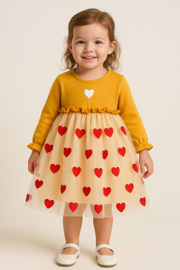 Mustard yellow cotton frock for baby girls with red heart tulle skirt