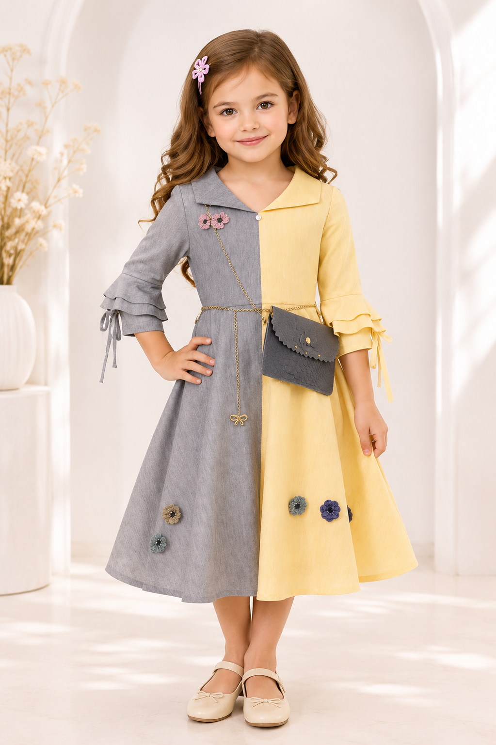 Grey Yellow Party Dress for Girls