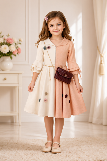 Cream and peach panelled dress for girls with maroon handbag and chain