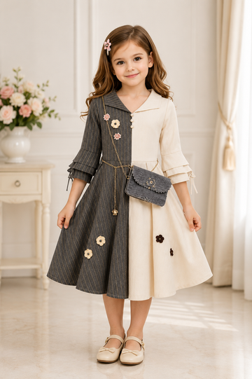 Black and cream panelled dress for girls with matching grey handbag