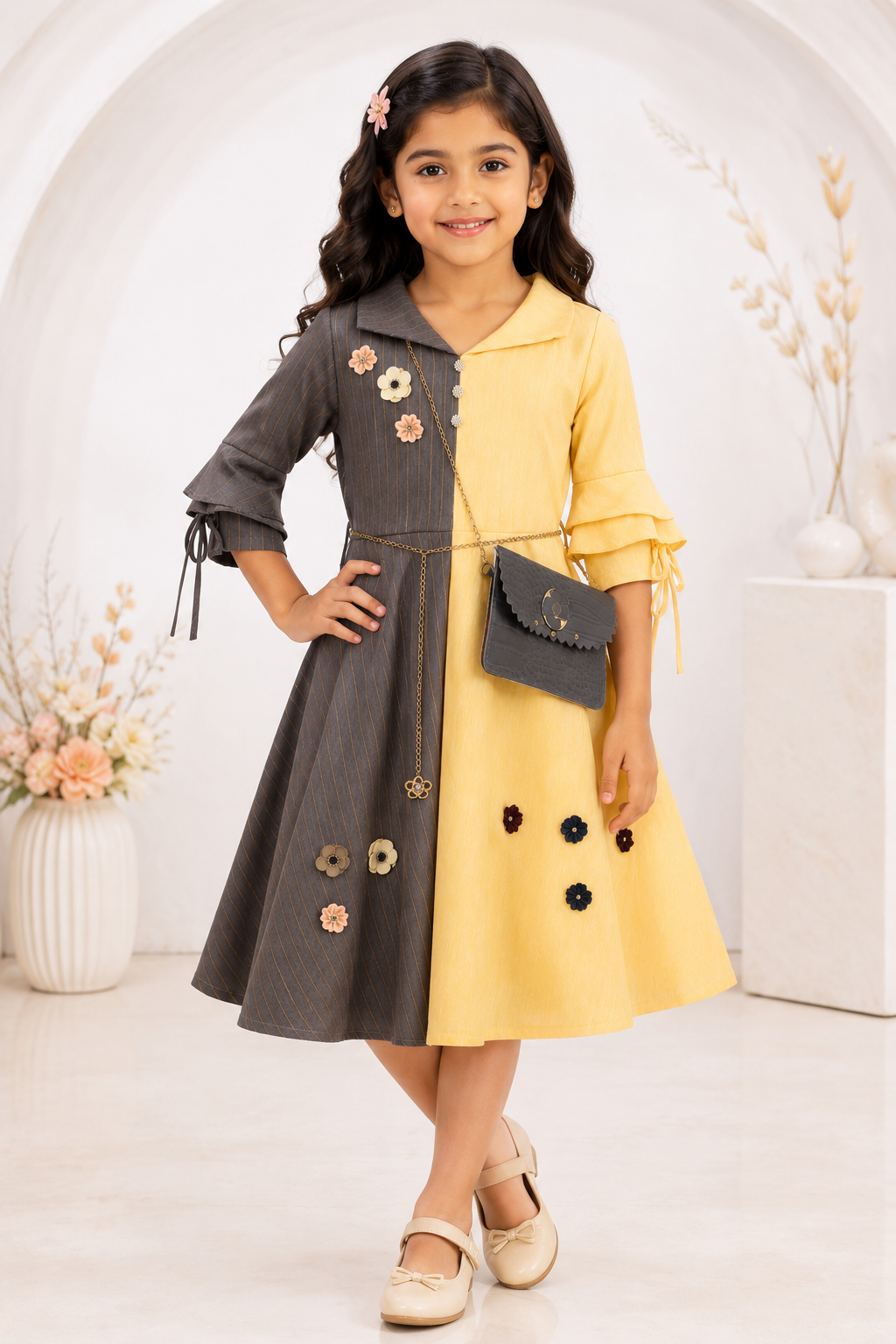 Girls Dual Tone Designer Dress in Grey & Yellow with Sling Bag & Flora – Inayah Fashion