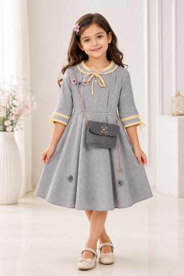 Girls Elegant Grey Dress with Yellow Trim & Sling Bag – Designer Casual Party Wear